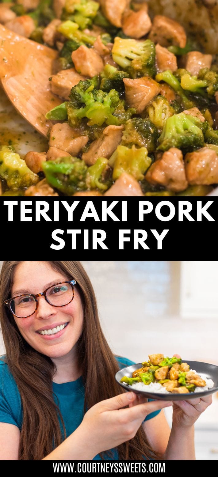 teriyaki pork stir fry with broccoli in a pan with a wooden spatula with text on image for pinterest and a woman holding a plate of it on the bottom.