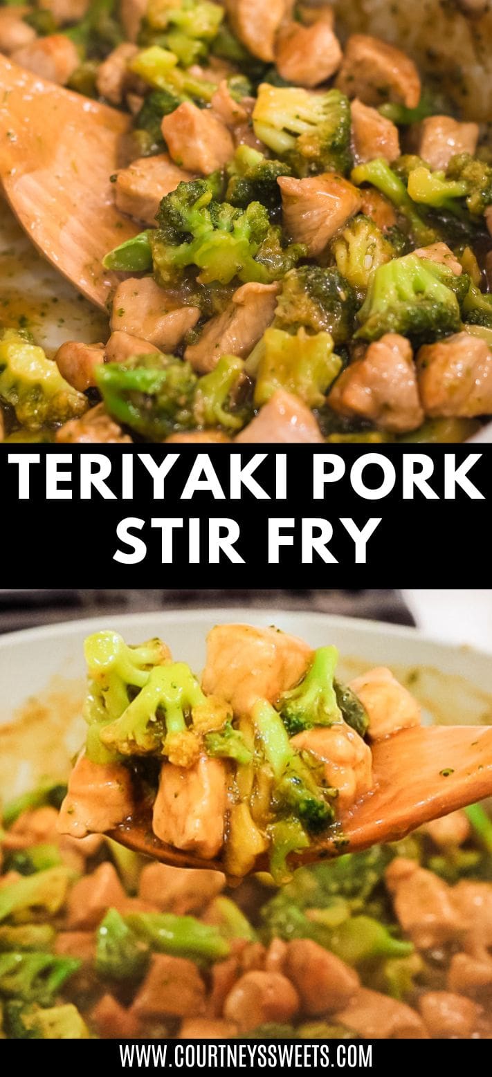 teriyaki pork stir fry with broccoli in a pan with a wooden spatula with text on image for pinterest.