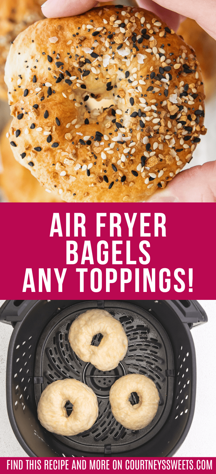 air fryer bagels on a parchment lined pan with text on image for pinterest.