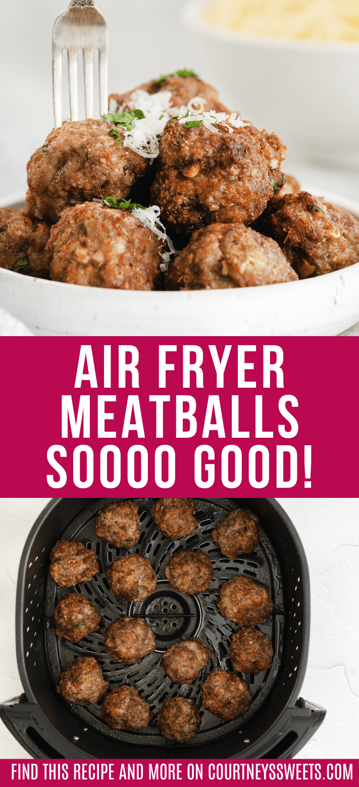 air fryer meatballs in a bowl and split photo bottom of air fryer meatballs in air fryer basket with text for pinterest in between.