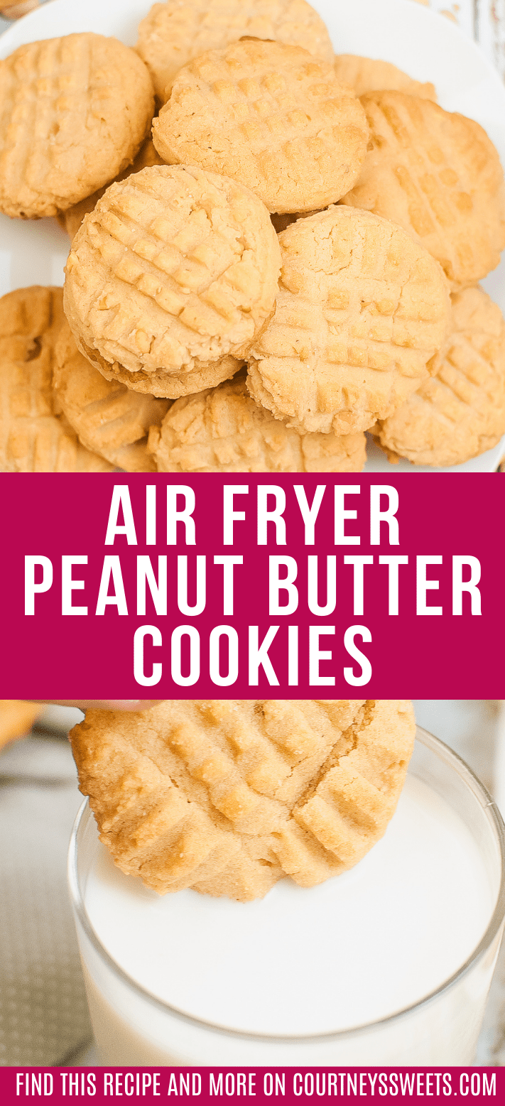 air fryer peanut butter cookies on a white plate with text for pinterest.