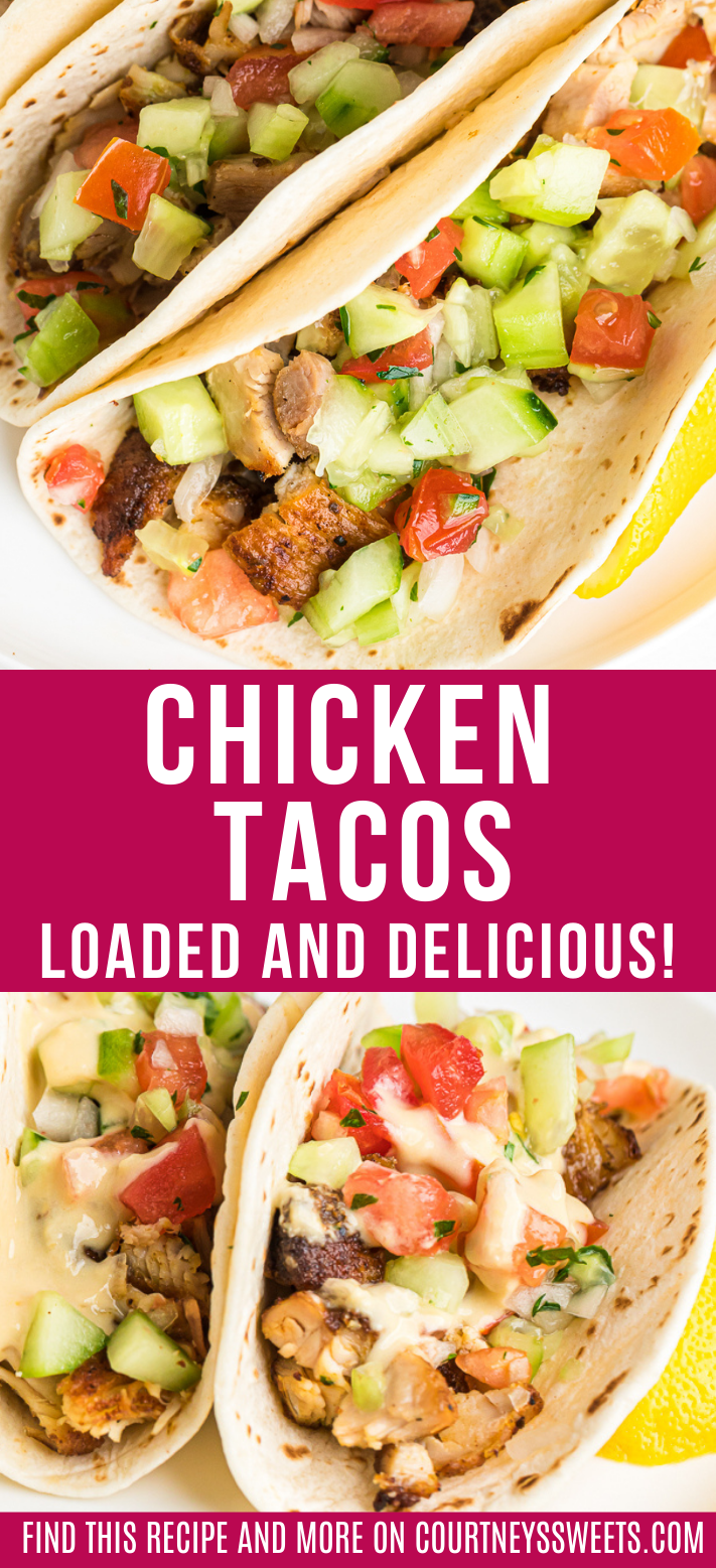 chicken tacos pinterest image with two images and text