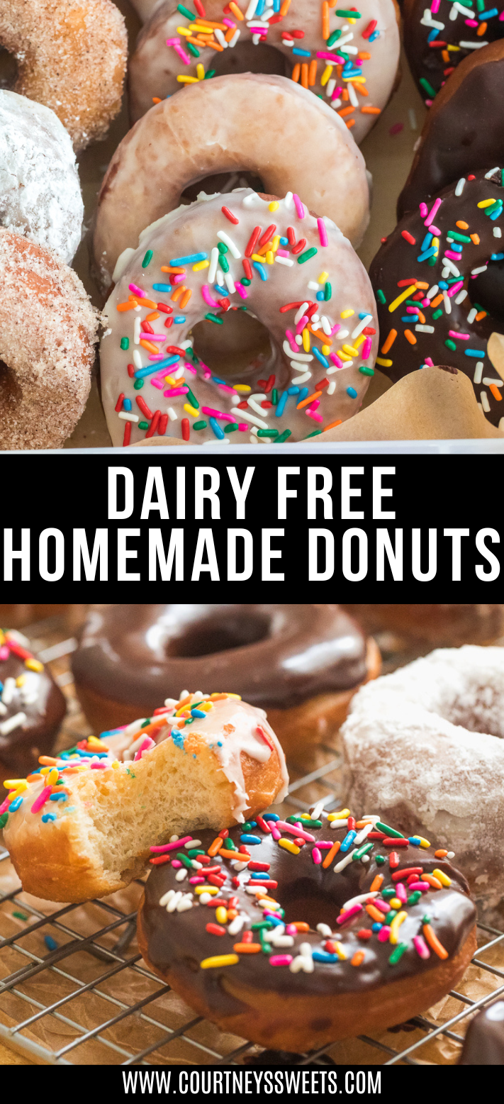 dairy free donuts in a container and then text saying dairy free homemade donuts and then a donut bit in half in photo below for pinterest.