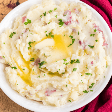 red skin mashed potatoes in a white bowl