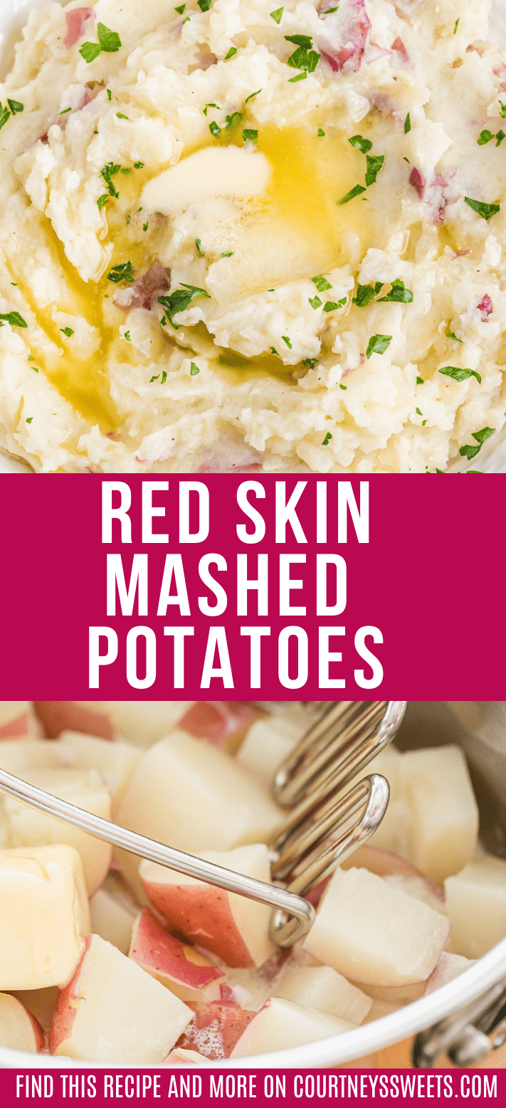 red skin mashed potatoes in split images with text on image for pinterest.