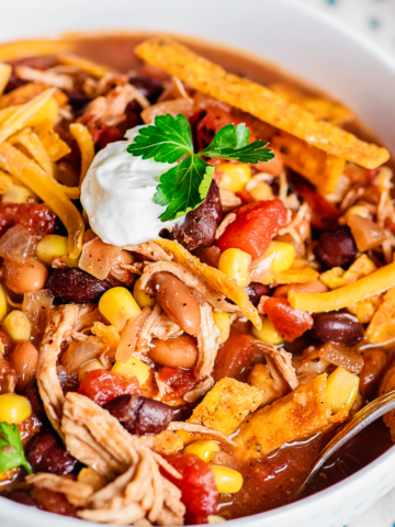 slow cooker chicken taco soup in a white bowl with crispy tortilla strips on top.