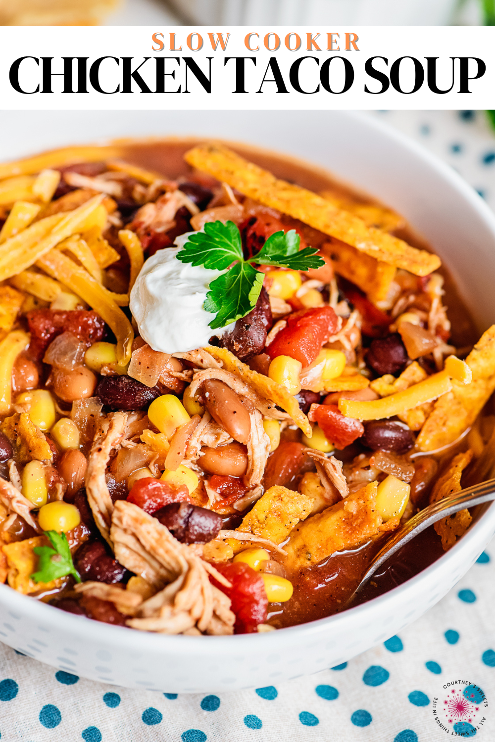 slow cooker chicken taco soup in a white bowl with crispy tortilla strips on top and text on image for pinterest